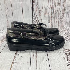 Sperry Plaid Black & Purple Short Duck Boots Rain Shoes, Women’s Size 12